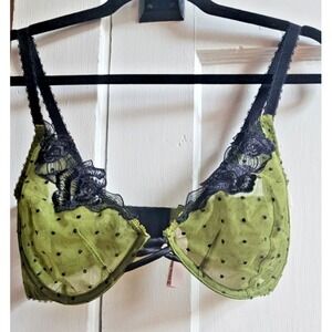 Victoria's Secret Very Sex unlined demi bra green polka dot black lace 34DDD